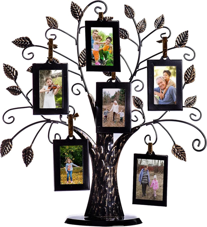 Klikel Family Tree Picture Frame Stand with 6 Hanging Photo Picture Frames - Medium Metal Tree 12 X 11 - Holds 6 Ornamental 2x3 Frames