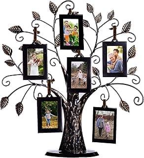 Klikel Family Tree Picture Frame Stand with 6 Hanging Photo Picture Frames - Medium Metal Tree 12 X 11 - Holds 6 Ornamental 2x3 Frames