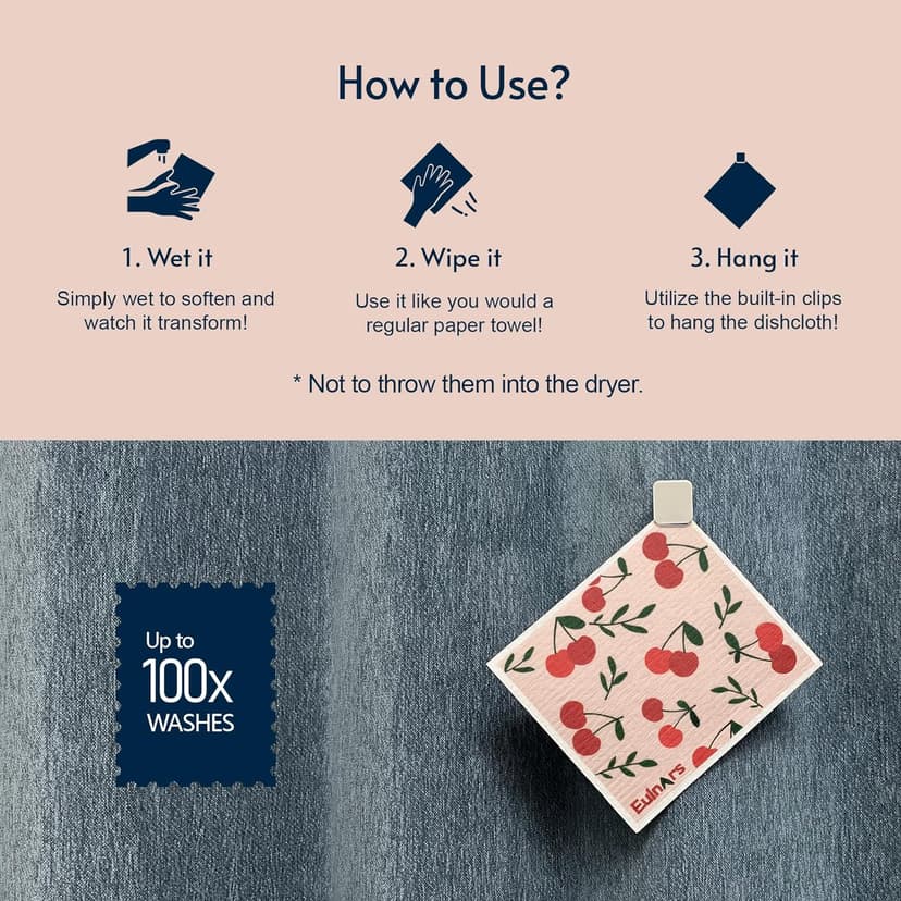 Swedish Dishcloths for Kitchen, 8 Pack Reusable Paper Towels with Clips, Non-Scratch Swedish Kitchen Towels, Super Absorbent Cellulose Sponge Cloths, Dishwasher Safe, No Odor