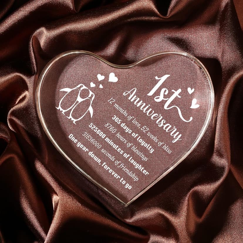 1 Year Anniversary Wedding Gifts for Boyfriend Girlfriend, One Year 1st Anniversary Romantic Gifts for Him Her, Heart Shaped Acrylic Block for Couple Husband Wife, Penguin Keepsake