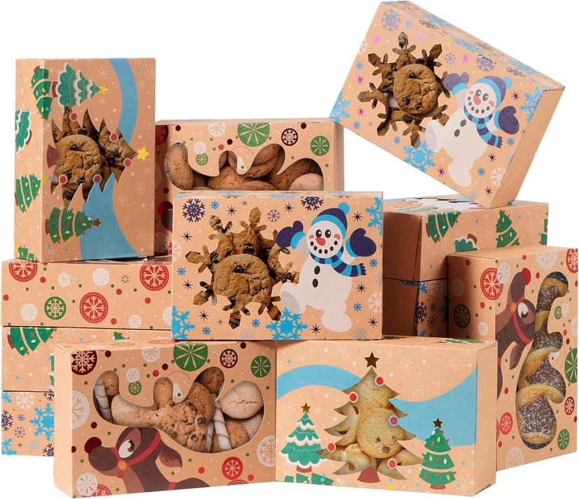 JOYIN 12PCS Christmas Cookie Boxes for Gift Giving, 8.75" x 5.75" x 2.75" Xmas Holiday Treat Cookie Tin with Window, 3 Designs Brown Foiled Kraft Bakery Box for Pastries, Cupcakes, Brownies, Doughnut