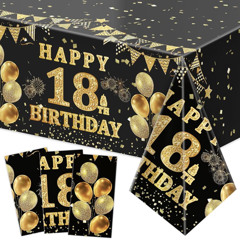 Labeol 3 Pack 18th Birthday Tablecloth, Black and Gold Happy 18th Birthday Decorations, Disposable Plastic Rectangular Table Cover Party Supplies for Boys Girls