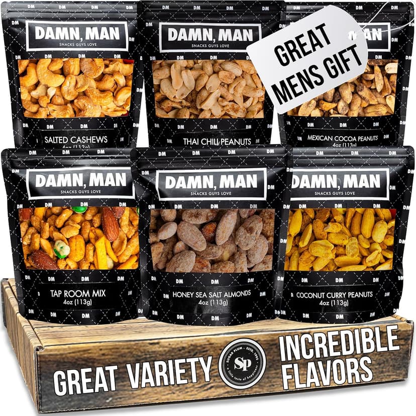 Gourmet Nut Gift Box for Men - 6 Unique Handcrafted Snacks, Ideal Gift for Dad, Birthday, or a Bold Snack Adventure