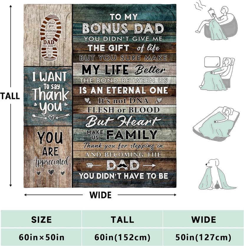Bonus Dad Gifts - Step Dad Birthday Gifts from Daughter, Son - Stepdad Birthday Gifts - Stepped Up Dads Gift - Bonus Dads Throw Blanket 60" x 50"