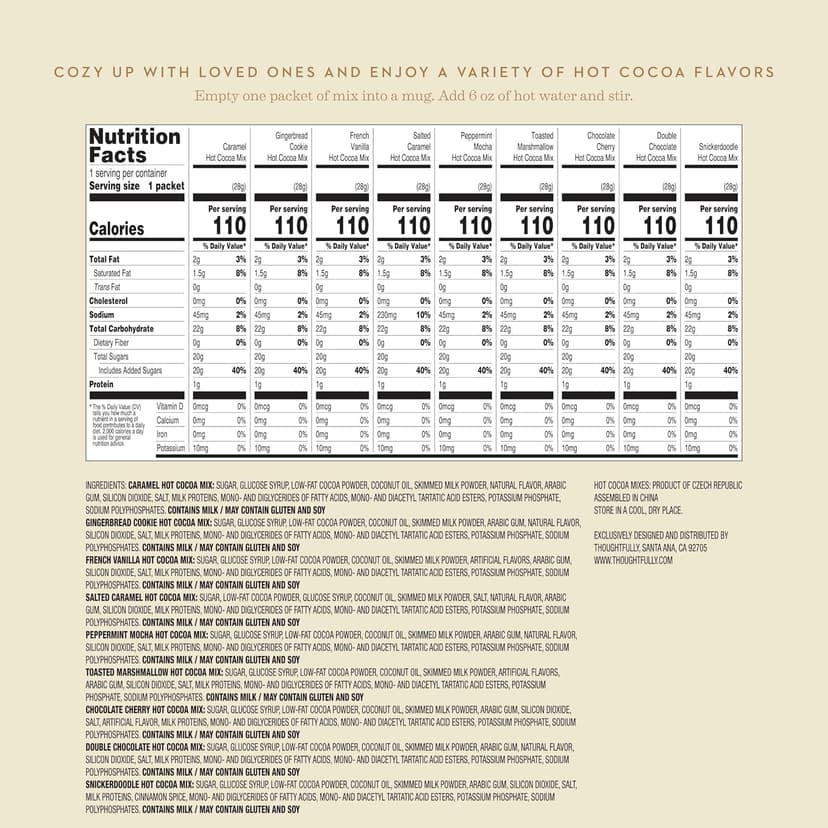 Thoughtfully Gourmet Hot Chocolate Gift Set, Flavors Include Salted Caramel, Peppermint, French Vanilla and More, Packaged in Gift Box with Bow, Set of 9