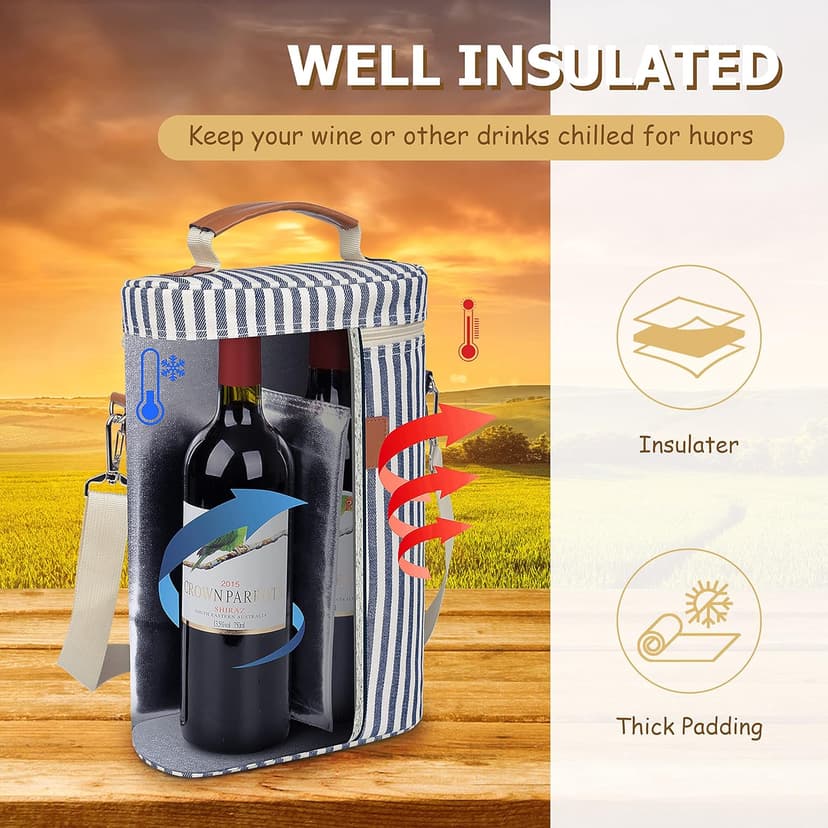 Tirrinia 2 Bottle Insulated Wine Tote Carrier - Leakproof, Padded Cooler Bag for Travel, BYOB, Tasting, Parties - Great Gift for Wine Lovers, Striped