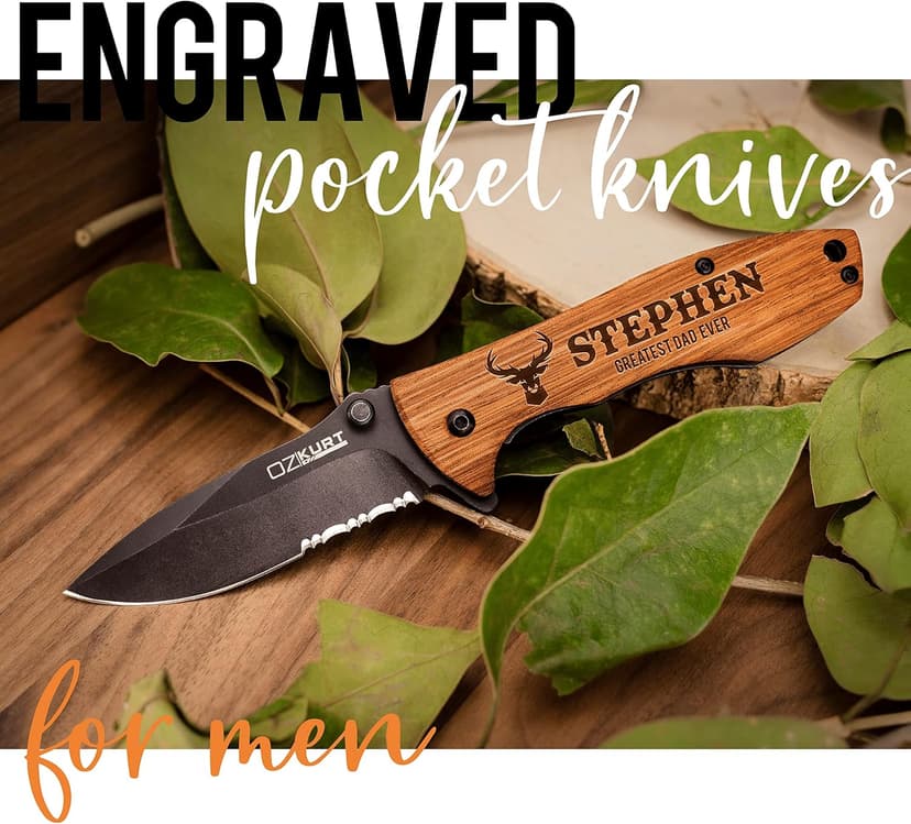 Gifts for Men, Personalized Engraved Oak Wood Pocket Knife - 36 Icons, 20 Stylish Font - Custom Pocket Knives