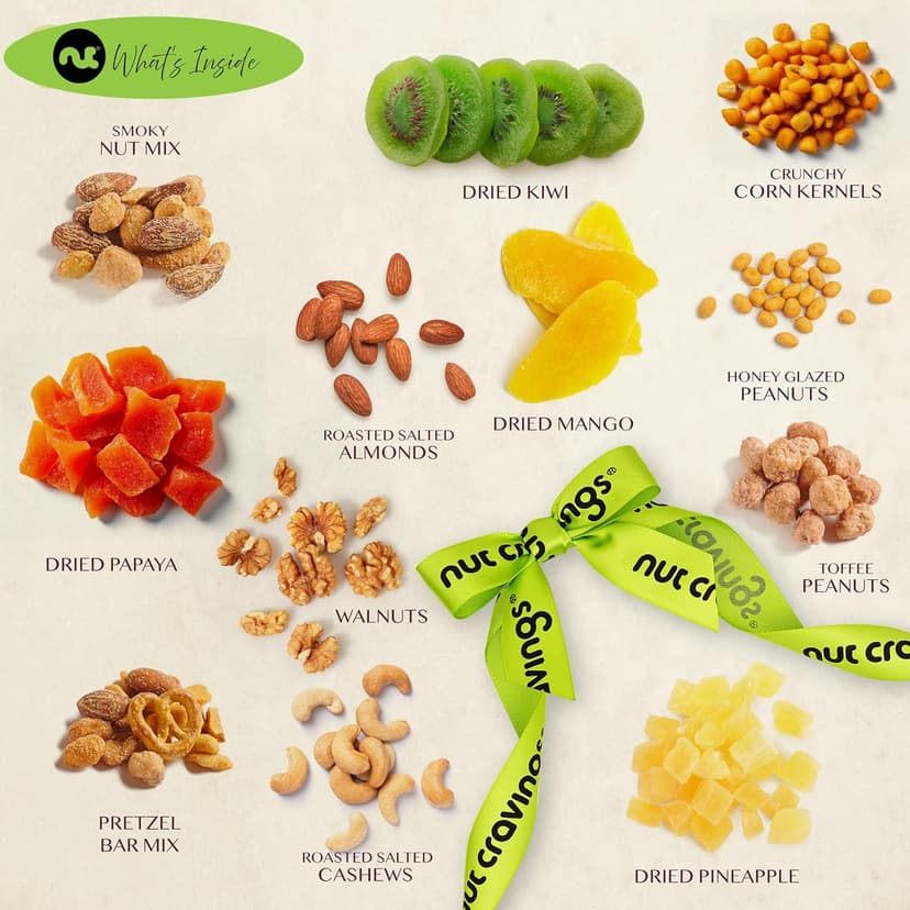 NUT CRAVINGS - Holiday Christmas Dried Fruit & Mixed Nuts Gift Basket in Reusable Wooden Tray + Ribbon (12 Assortments) Xmas Treats for Adults, Food Arrangement, Healthy Snack Care Package, Kosher