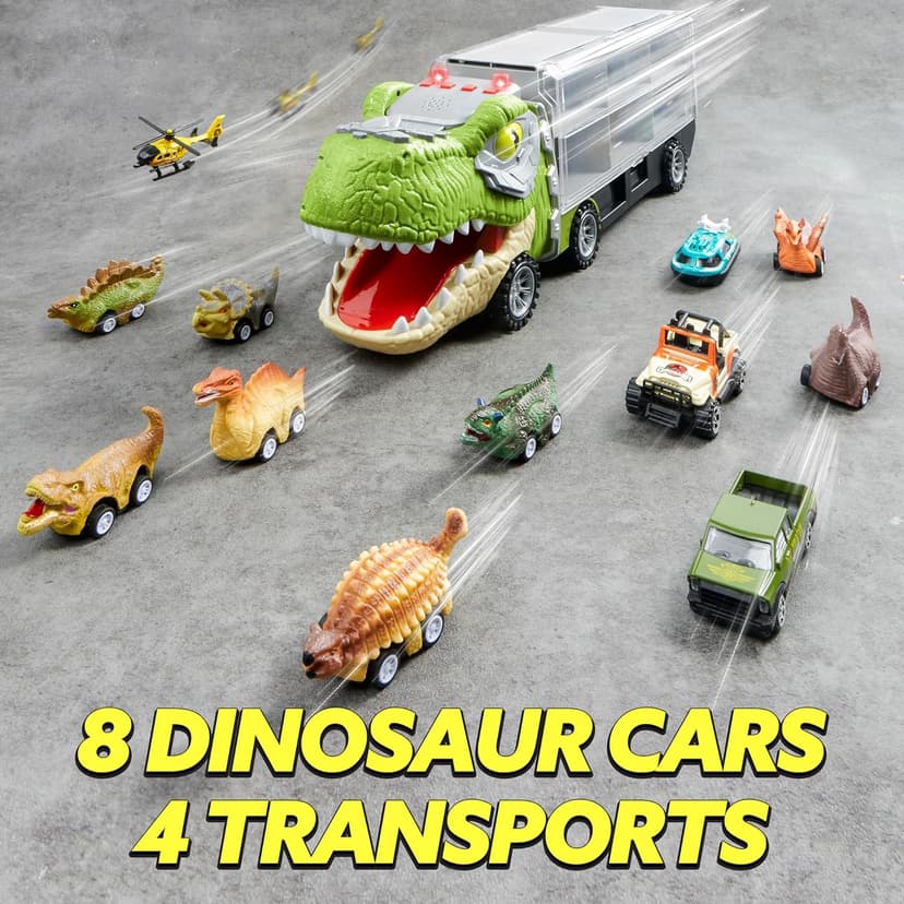 JOYIN 13 in 1 Dinosaur Toys for Kids 3-5, Dinosaur Truck with 12 Pull Back Cars, Birthday Gifts Toys for 3 4 5+ Year Old Boy, Transport Carrier Truck for Toddlers, Christmas Great Gifts for Grandkids