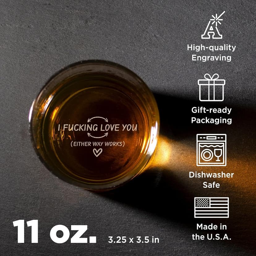 On The Rox Engraved Whiskey & Bourbon Glass Gifts - Fun Message Gift For Him - Personalized 11 oz Engraved Message Scotch Glass - Birthday, Anniversary (I Love You)