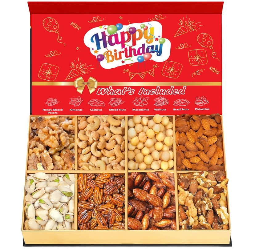 Luxurious Treats Nuts Gift Basket, Happy Birthday Nut Gifts Gourmet Collection Healthy Food Box Mixed Cravings Platter Tray Sampler Assortment Mix for Men Women