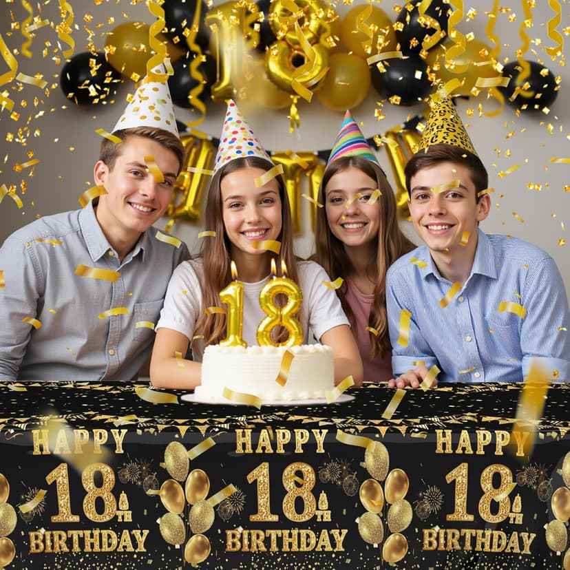 Labeol 3 Pack 18th Birthday Tablecloth, Black and Gold Happy 18th Birthday Decorations, Disposable Plastic Rectangular Table Cover Party Supplies for Boys Girls