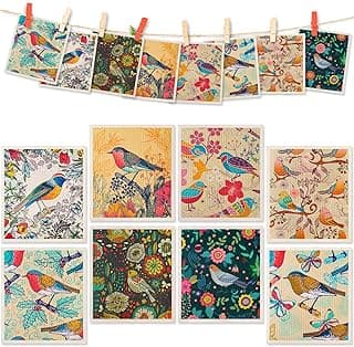 Lucomb 8 Pack Swedish Dishcloths for Kitchen, Reusable Soft Kitchen Towels Dish Cloths Set Absorbent Sponge Cleaning Washable Quick Drying Bar Hand Washing (Birds Flowers)