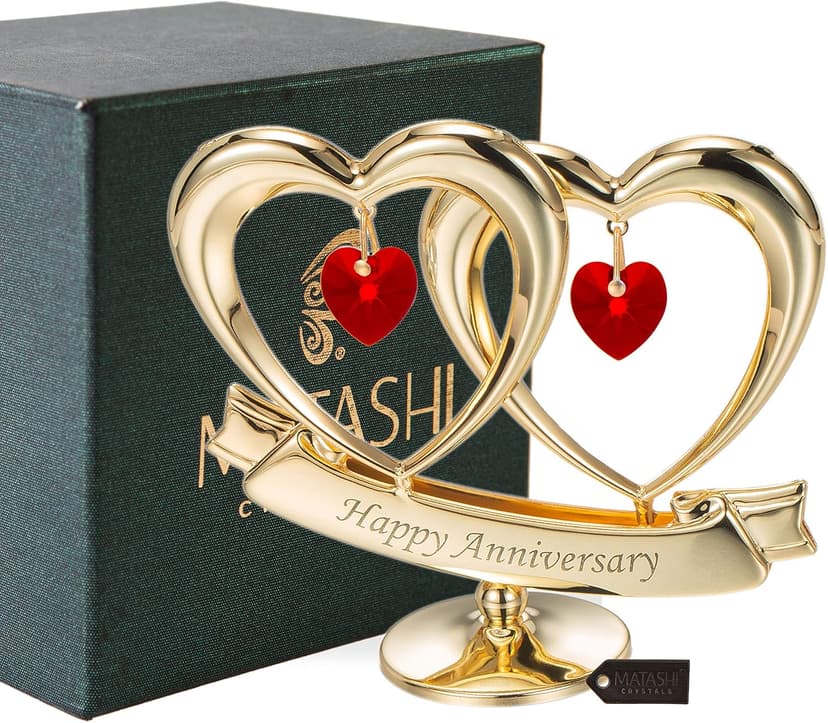 Matashi 24K Gold Plated "Happy Anniversary" Double Heart Table Top Ornament With Red-Cut Crystals