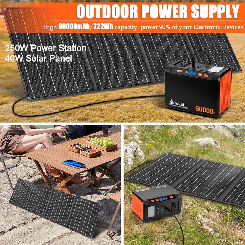 Takki Solar Generator 250W Portable Power Station with 40W Solar Panels 222Wh Pure Sine Wave Camping Lithium Battery Power Bank with AC 110V Outlet for Camping Home Use Emergency Outdoor