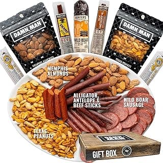 Beef Jerky Gift Basket for Men - Fathers Day, Birthday Gift for Men, Dad - Includes Exotic Jerky Snacks, Alligator, Venison, Boar, Gourmet Nuts, Beef Stick Food Gifts