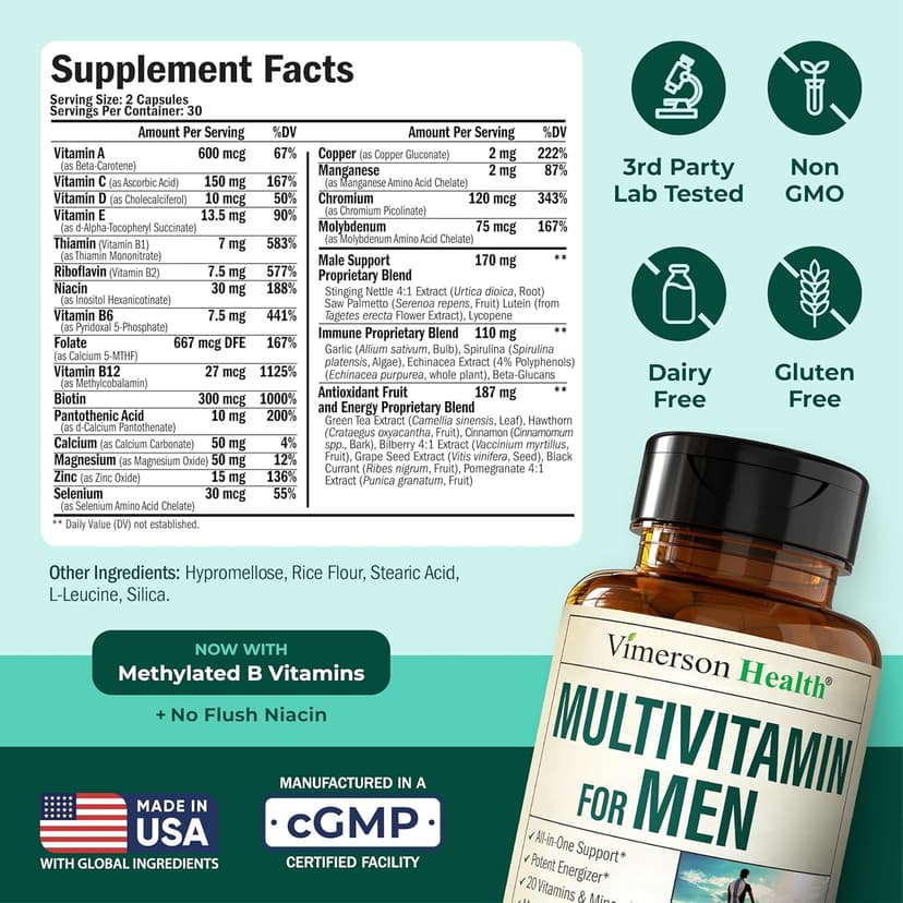 Vimerson Health Multivitamin for Men – Methylated Mens Multivitamins & Multiminerals Capsules with Vitamin B12, A, D, C, Zinc, Magnesium & More for Complete Daily Support – High Potency Bioavailable Vitamins for Men
