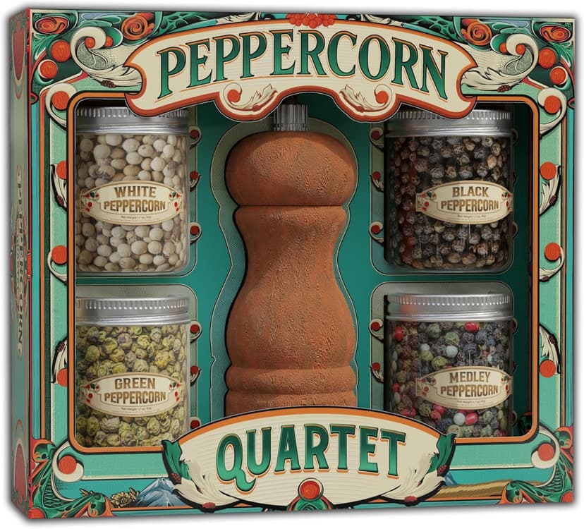 Gourmet Peppercorn Gift Set with Wooden Pepper Mill in Gift Box - 4 Variety (Green, Black, White, Medley). Unique Christmas Gifts for Dad Gifts Stocking Stuffers for Adults Mother Day Fathers Day
