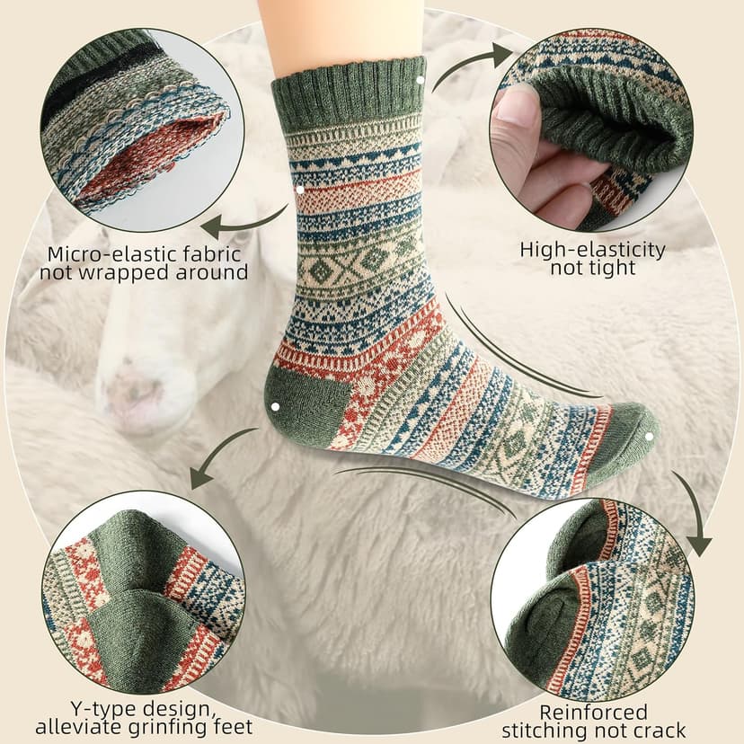 Womens Wool Socks 5 Pairs Warm Winter Knit Wool Soft Vintage Casual Crew Socks Stocking Stuffers Gifts for Women Men