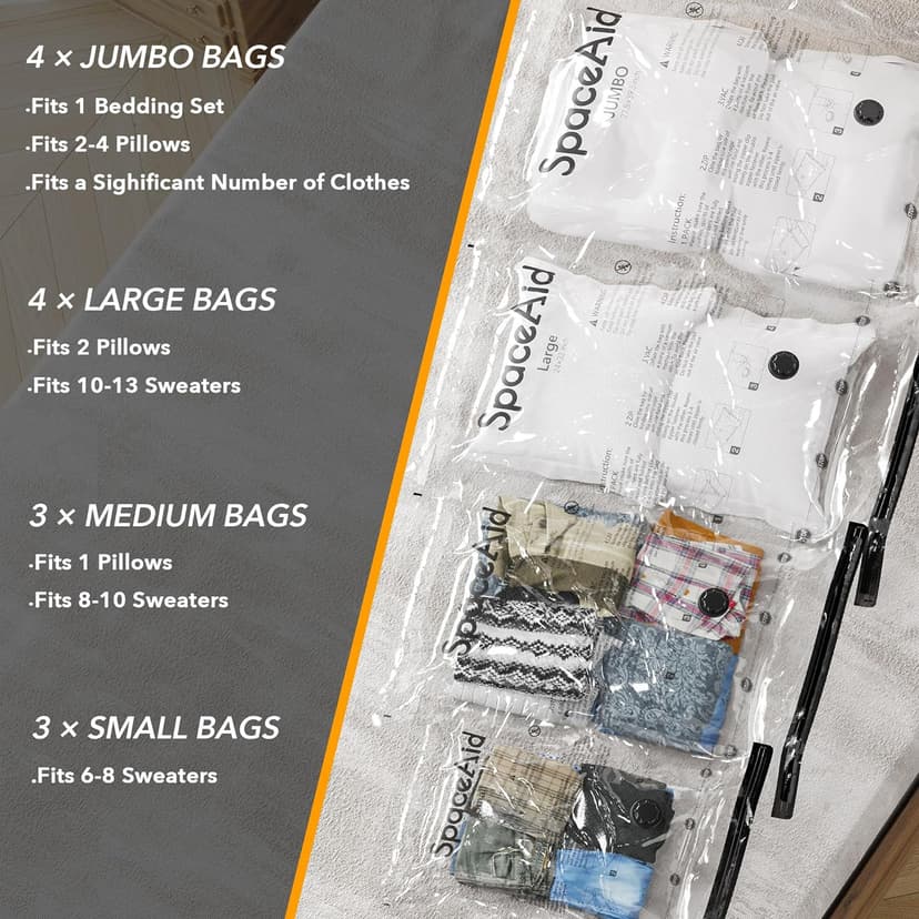 SpaceAid 14 Pack Vacuum Storage Bags with Electric Air Pump, Space Saver Sealer Compression Bags for Comforters, Blankets, Pillows, Bedding, Clothes (4 Jumbo/4 Large/3 Medium/3 Small)