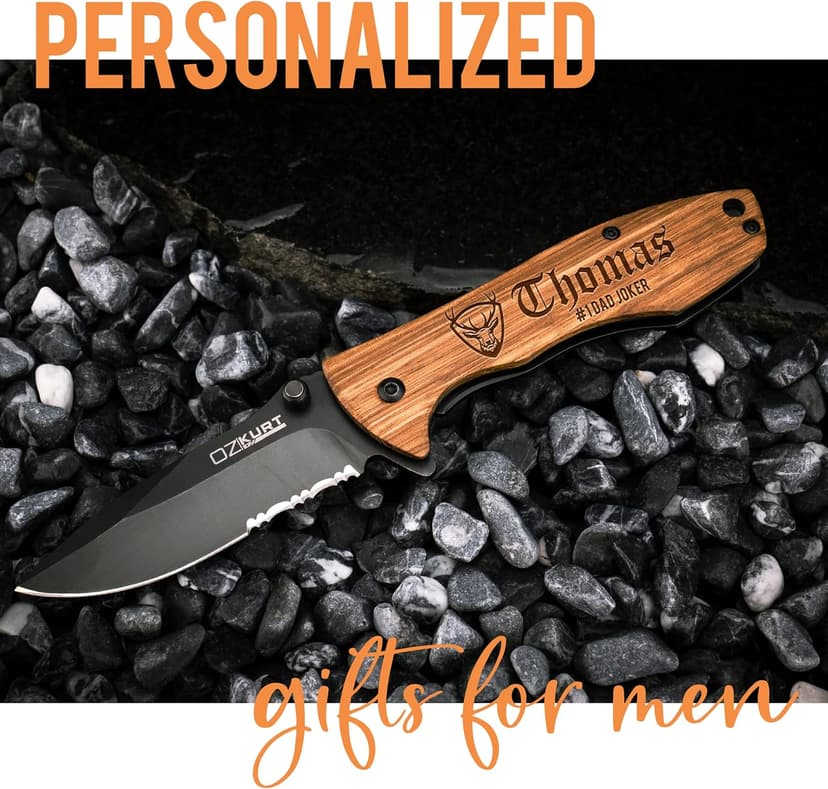 Gifts for Men, Personalized Engraved Oak Wood Pocket Knife - 36 Icons, 20 Stylish Font - Custom Pocket Knives