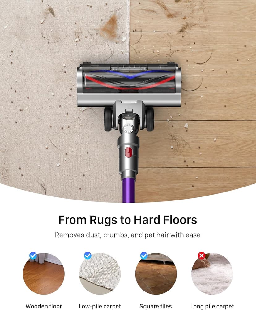 Cordless Vacuum Cleaner - Powerful Stick Vacuum with HEPA Filter, 55-Min Runtime, LED Light, Anti-Tangle Brush, Detachable Battery, Lightweight for Home, Pet Hair, Carpets & Hard Floors