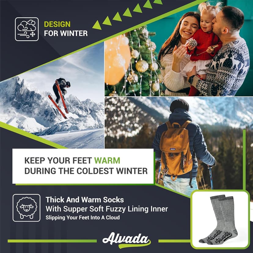 Alvada Merino Wool Hiking Socks Thermal Warm Crew Winter Boot Sock For Men & Women 3 Pairs