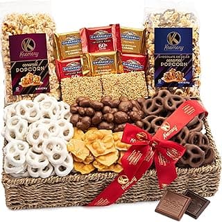 KREMERY Creamy Chocolate Cravings - Holiday Christmas Chocolate Covered Pretzels & Caramel Popcorn Gift Basket, in Seagrass Tray + Ribbon (Deluxe, 3.5 lbs) Xmas Treats Food Arrangement, Kosher