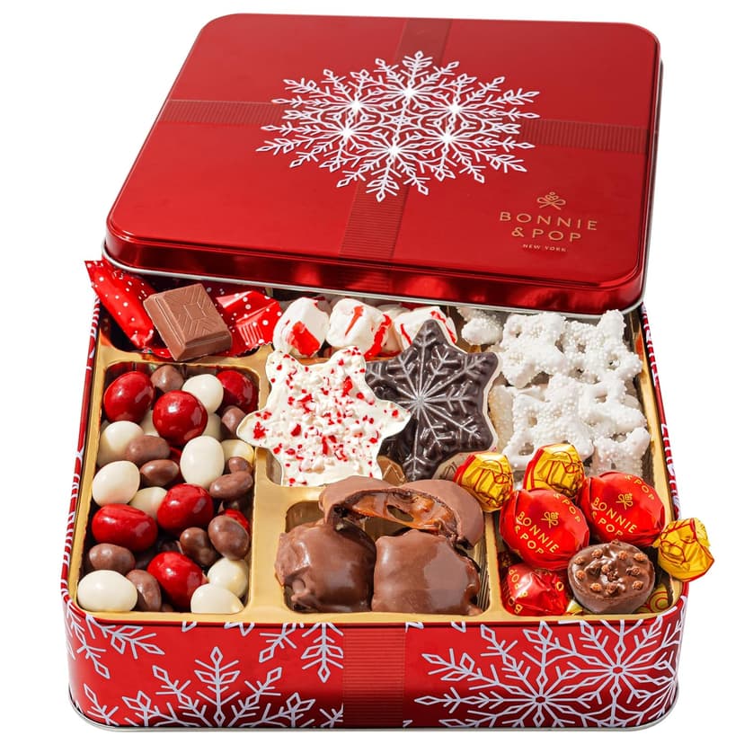 Bonnie and Pop's Holiday Tin- with Assorted Christmas Chocolate, Nuts, Bark, Truffles – Festive, Corporate, Family, Gift Basket Idea for Men and Women