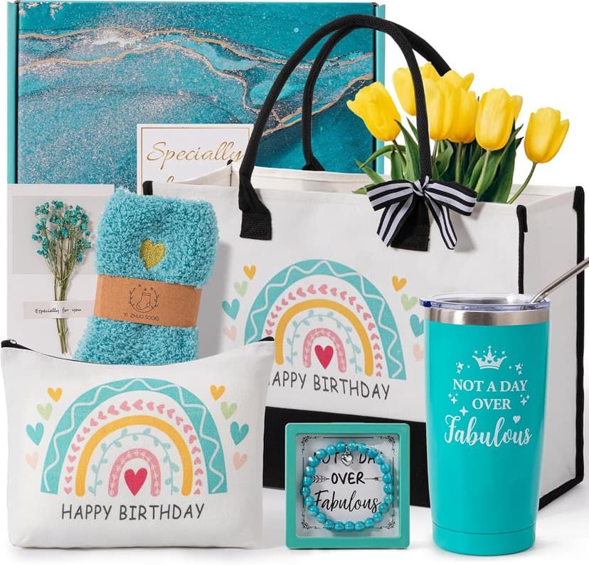 Birthday Gifts Basket for Women,Happy BD Box for Her,Tuning to a New Year Old Female Gifts Bag,Unique Canvas Tote Bag Bday Presents Set Ideas for Mom Best Friend Sister Aunt Teacher Coworker Grandma