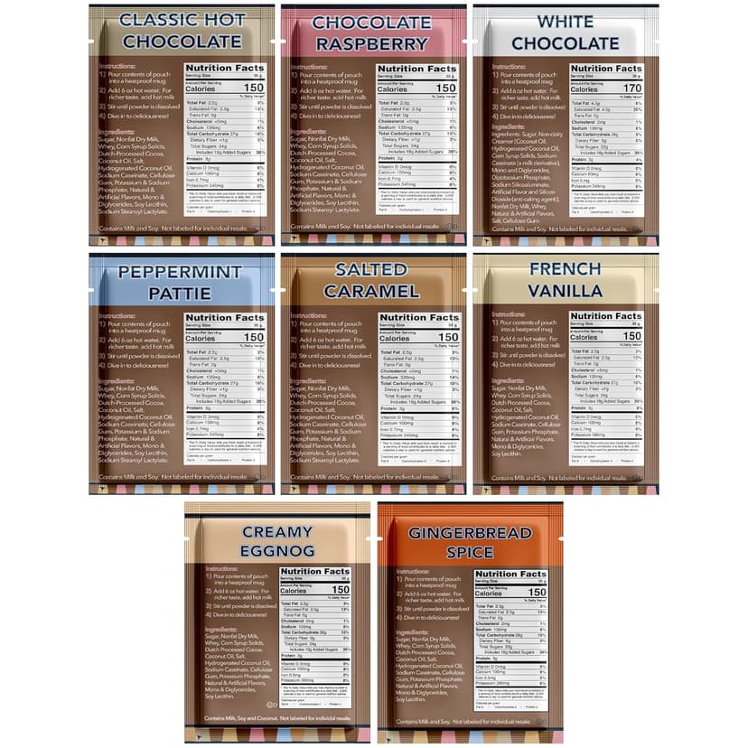 Double Donut Coffee Flavored Hot Chocolate Packets Variety Pack, 9 Count Includes Classic, Chocolate Raspberry, Salted Caramel, Peppermint, Eggnog & Gingerbread