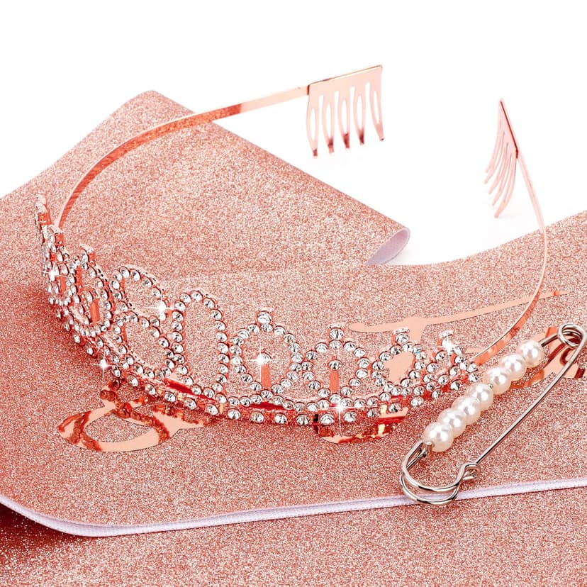 CIEHER 80th Birthday Crown + Sash + Pearl Pin Set, Elegant Gift for Women's 80th Birthday Party Decorations