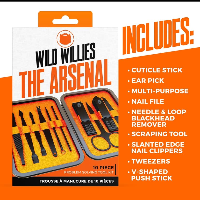 Wild Willies 10-Piece Pedicure & Manicure Kit for Men & Women - Includes Nail Clippers, Scissors, Tweezers, Files - Compact Travel Nail Grooming Kit, Mens Nail Care Set
