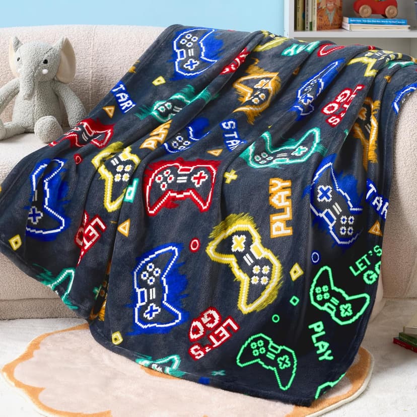 Joiedomi Glow in The Dark Gaming Blanket Gamer Gifts for Boys Age 2 3 4 5 6 7 8 9 10 11 12 Year Old, Soft Cozy Flannel Kids Throw Blanket, Birthday Bedroom Decor Grey 50"×60"