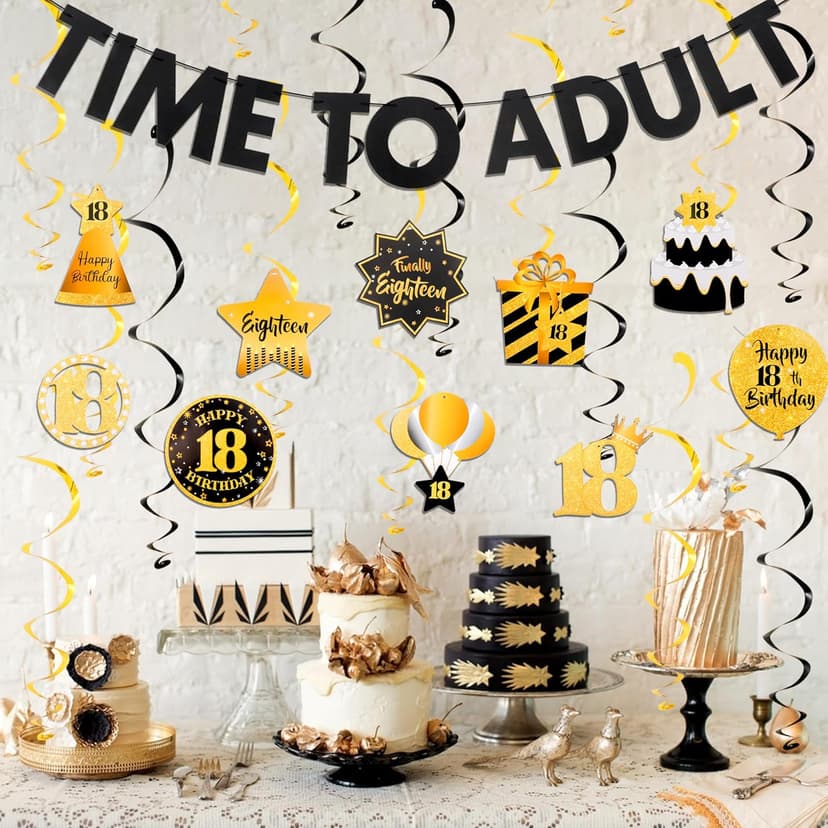 Black&Gold 18th Birthday Decorations for Boys Girls Happy 18th Birthday Decorations for Men Women Pre-Strung Time to Adult Banner and Hanging Swirls 18 Years Old Party Supplies
