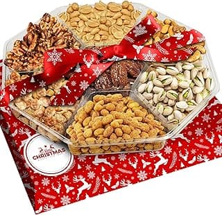 Christmas Nuts Gift Basket for Holiday Season, Premium Mixed Nut Assortment Gift Gourmet Snack Food Present Box, Christmas Gift Basket for Family (7 Sectional)