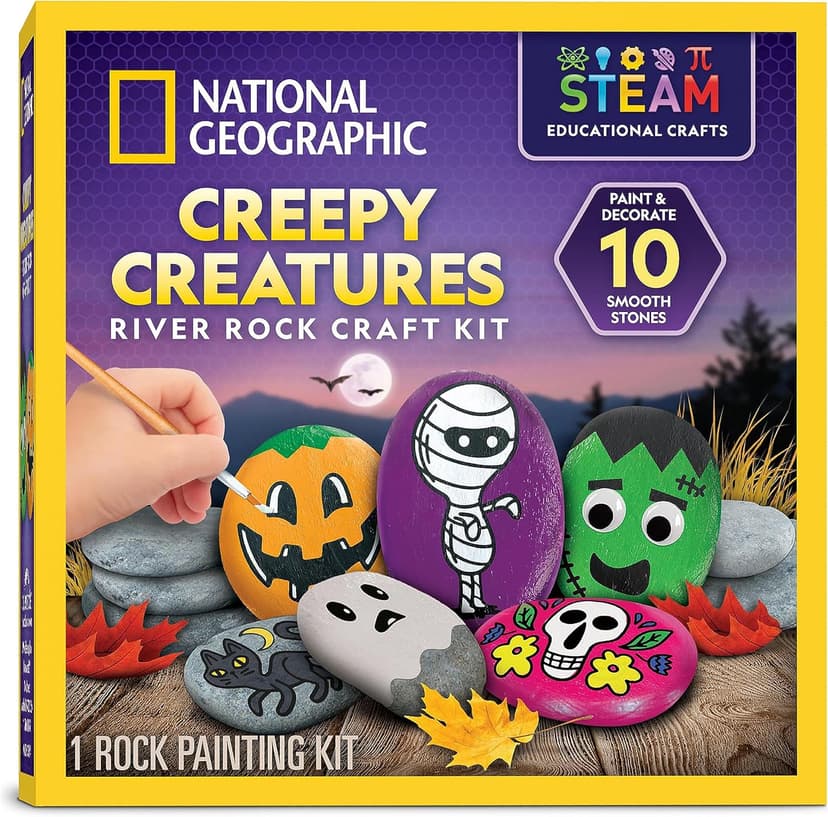 National Geographic Creepy Creatures Rock Painting Kit - Halloween Arts & Crafts Kit for Kids, Decorate 10 River Rocks with 10 Paint Colors & More Spooky Art Supplies, Halloween Gifts for Kids