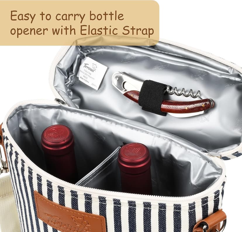 Tirrinia 2 Bottle Insulated Wine Tote Carrier - Leakproof, Padded Cooler Bag for Travel, BYOB, Tasting, Parties - Great Gift for Wine Lovers, Striped