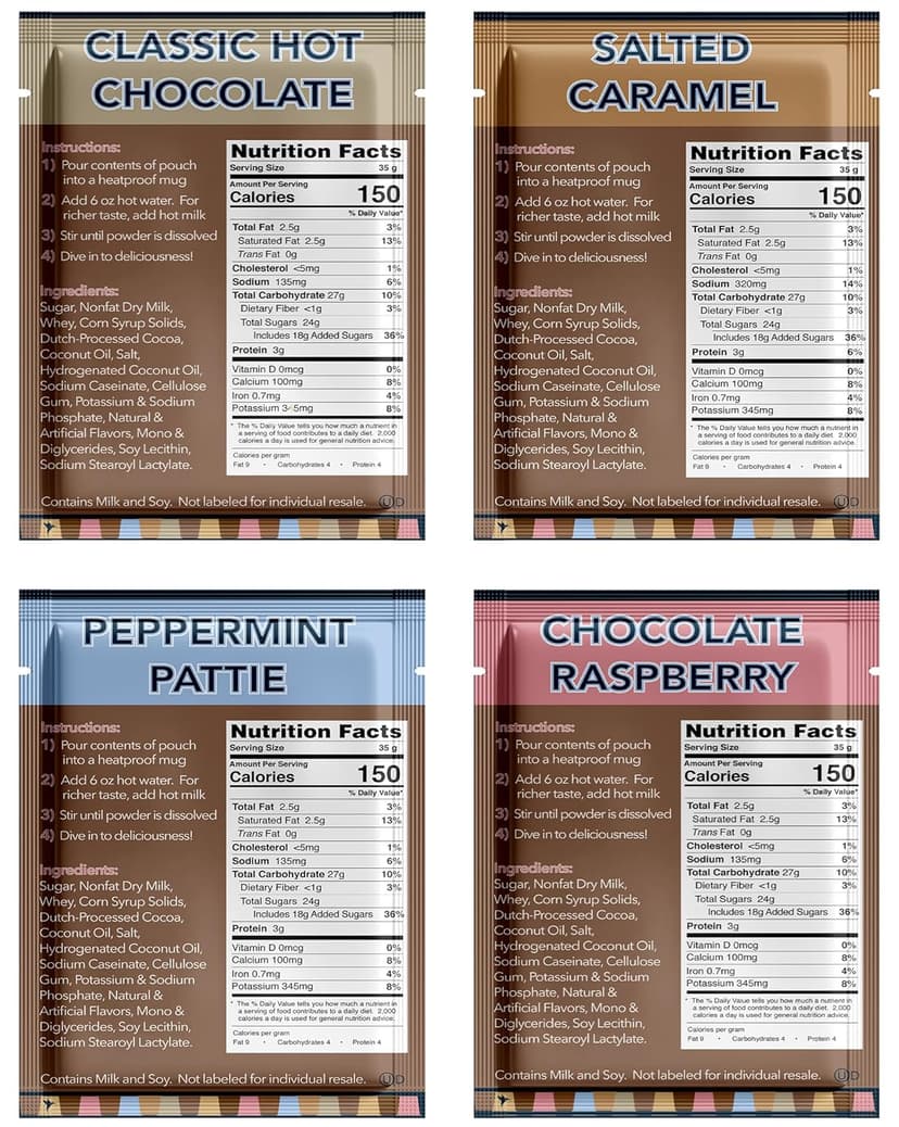 Gourmet Hot Cocoa Mix Variety Pack - Classic, Chocolate Raspberry, Salted Caramel, & Peppermint Hot Chocolate Mix Sets - 32 Count