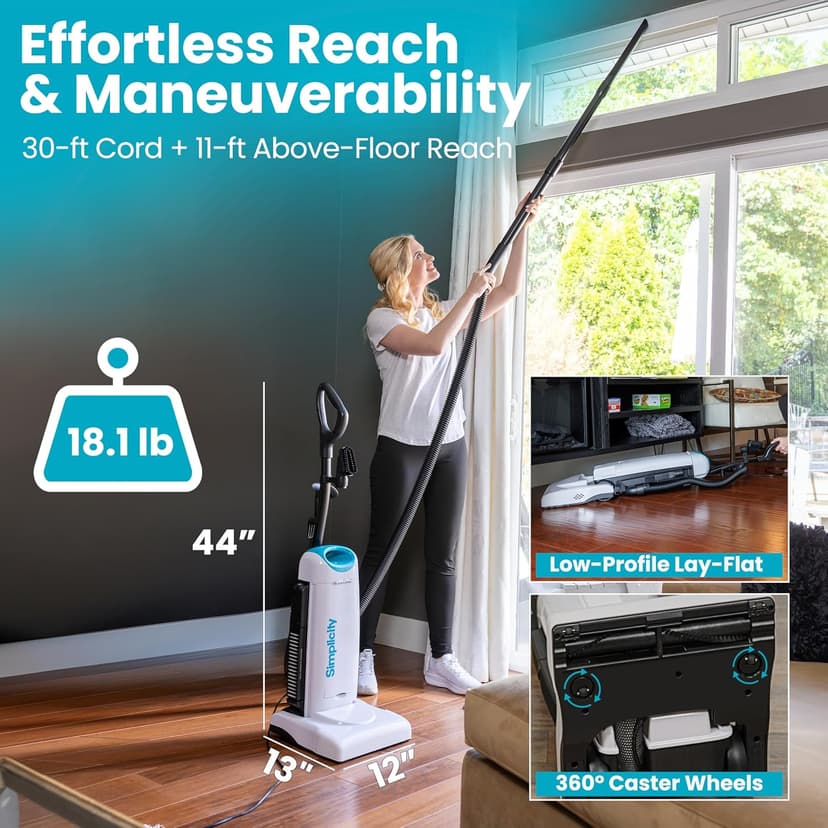 Simplicity Vacuums Premium Allergy Upright Vacuum Cleaner – Multi-Surface Bagged Vacuum Cleaner for Home with Charcoal HEPA Filter Media, Powerful Pet Hair Pickup, Brushroll Activation Switch, S26