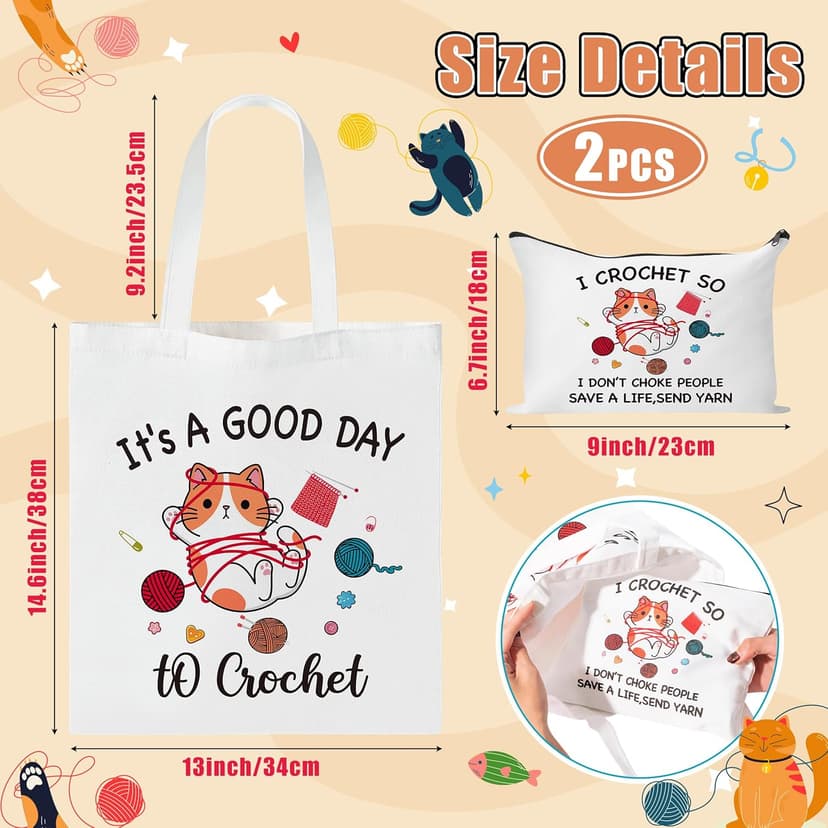 Y1tvei Cartoon Cat Canvas Bags - 2Pcs It’s A Good Day to Crochet Canvas Tote Bag Makeup Pouch, Reusable Grocery Folding Shopping Handbag, Knitting Crocheting Funny Gifts for Knitter Crocheters Women