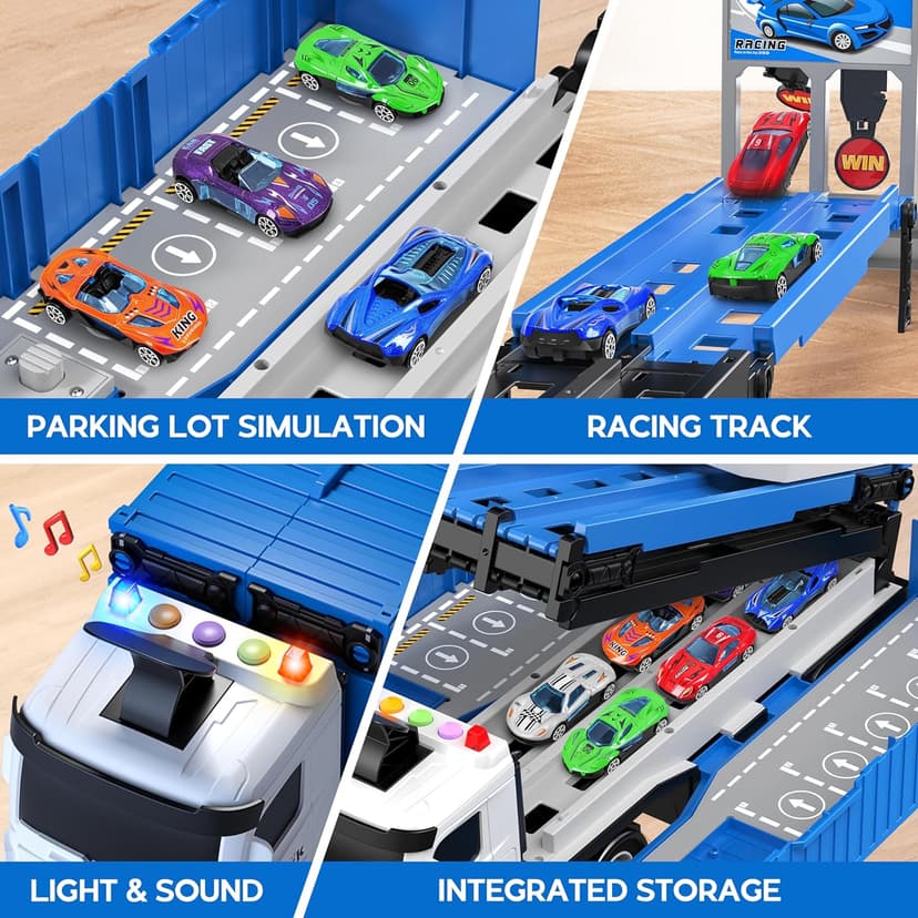 Carrier Truck Race Track Toddlers Toys, Foldable 3 Layer Track Playset, Toy Truck Transport Car Carrier & 8 Race Cars, Truck Car Kids Toys Xmas Gifts for Age 3 4 5 6+ Years Old Boys Girls