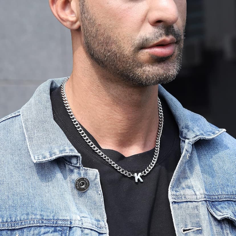 DuoDiner Initial A-Z Cuban Link Chain Necklaces for Men Boys Women Letter Pendant Stainless Steel 6.5mm 18+2 Inches,Jewelry Gifts