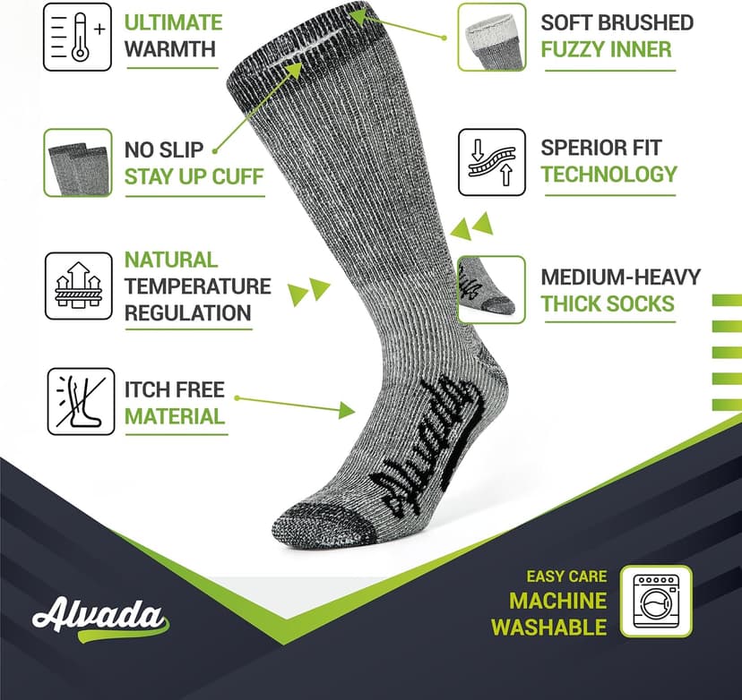 Alvada Merino Wool Hiking Socks Thermal Warm Crew Winter Boot Sock For Men & Women 3 Pairs