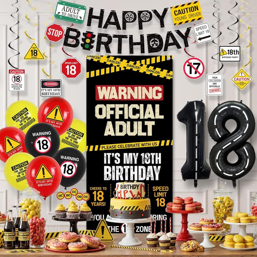 Roetyce 18th Birthday Decorations for Boys Girls, Caution Logos Happy 18th Birthday Banner Backdrop Balloons Hanging Swirls Kit, 18 Years Old Party Yard Door Wall Cover Background