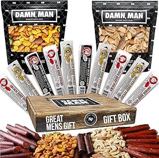 Beef Jerky Gift Basket for Men with Nuts - 12pc Meat Snack Food Variety Box, Unique Food Gift Idea for Birthday, for Husband, Family, Care Package for Guys, Adults