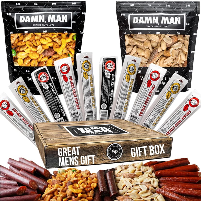 Beef Jerky Gift Basket for Men with Nuts - 12pc Meat Snack Food Variety Box, Unique Food Gift Idea for Birthday, for Husband, Family, Care Package for Guys, Adults
