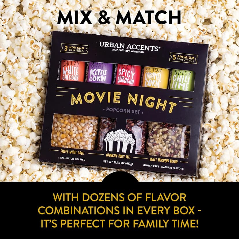Urban Accents MOVIE NIGHT Popcorn Kernels and Popcorn Seasoning Variety Pack (set of 8) - 3 Non-GMO Popcorn Kernel Packs and 5 Gourmet Popcorn Snack Seasoning