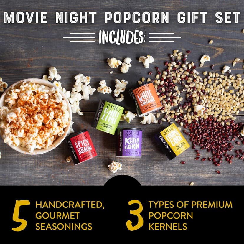 Urban Accents MOVIE NIGHT Popcorn Kernels and Popcorn Seasoning Variety Pack (set of 8) - 3 Non-GMO Popcorn Kernel Packs and 5 Gourmet Popcorn Snack Seasoning