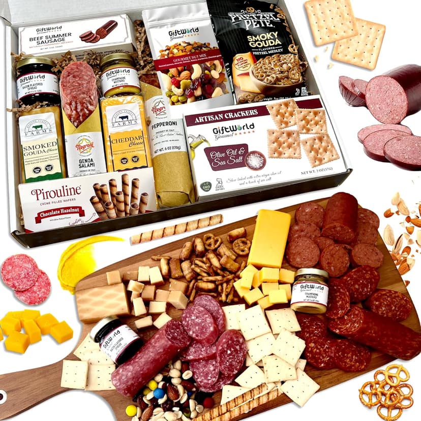 Deluxe Meat and Cheese Gift Basket – Gourmet Charcuterie Assortment Charcuterie Food Items, Meat Cheese Assortment, Food Gifts for Men, Tailgating, Business, Congratulations, Care Packages, Thanksgiving and Christmas Gifts - 11-item Bundle